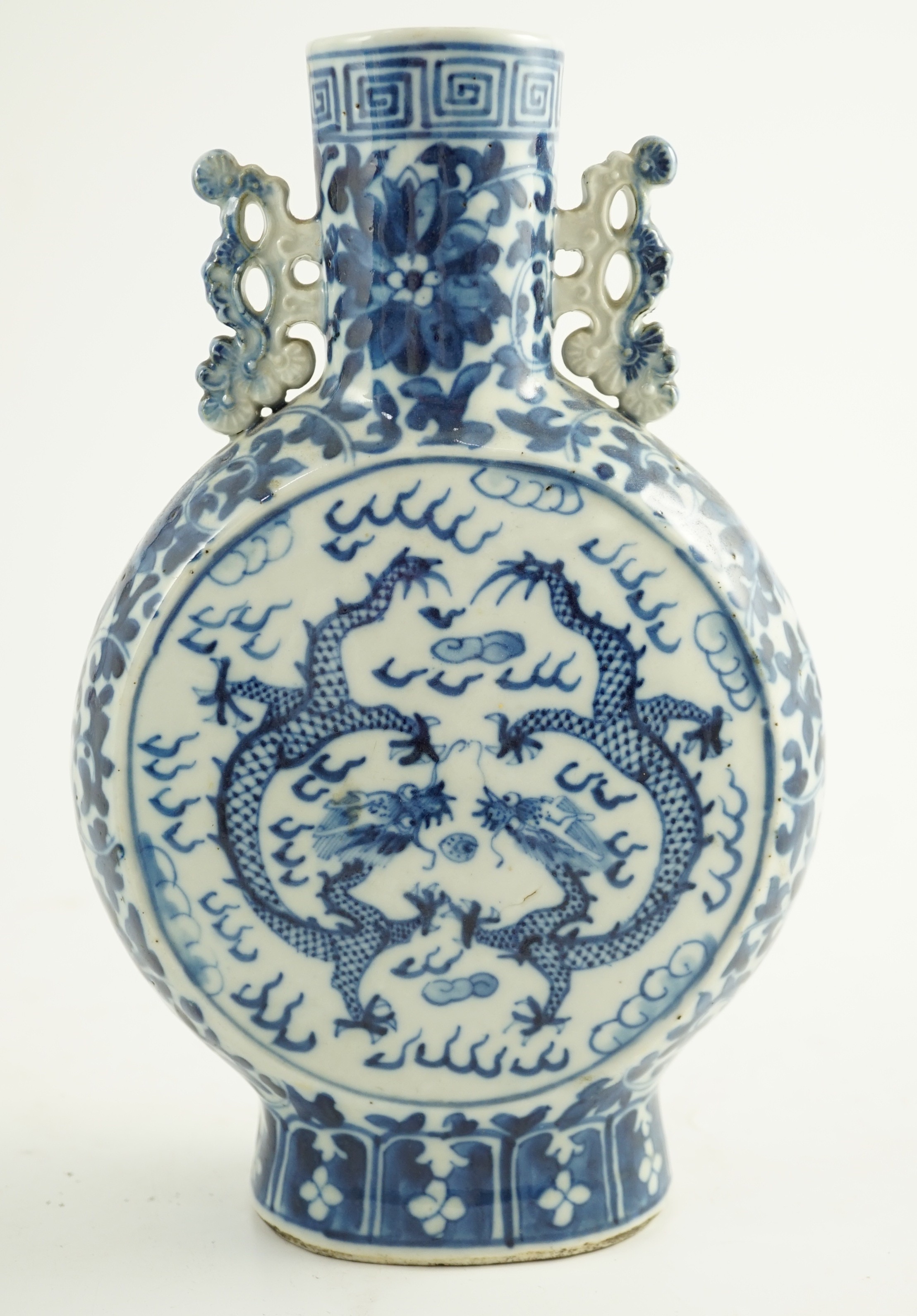 A Chinese blue and white ‘dragon’ moonflask, 19th century, 26cm high